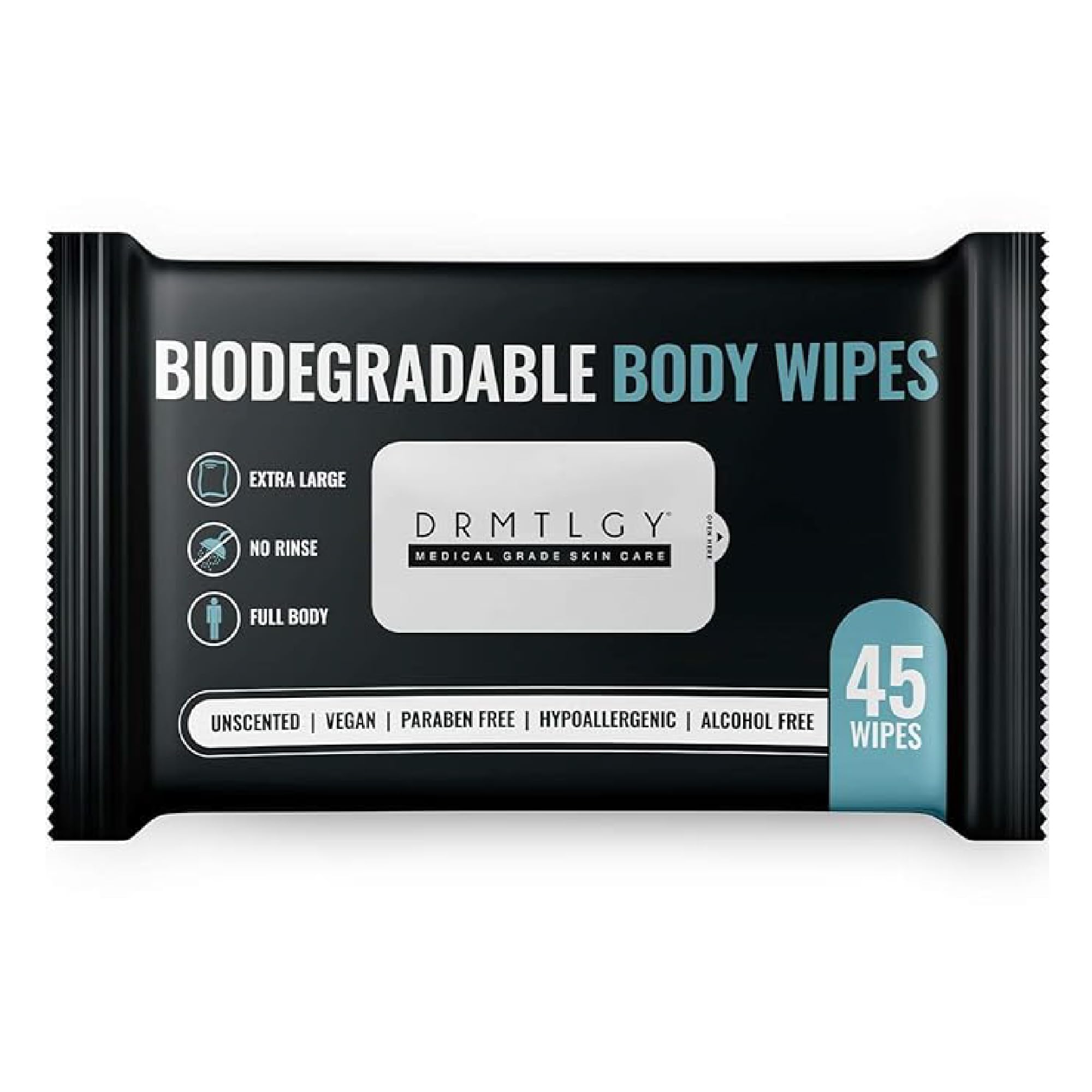 DRMTLGY Body & Face Shower Wipes 45 Count | XL No-Rinse Cleansing Wipes