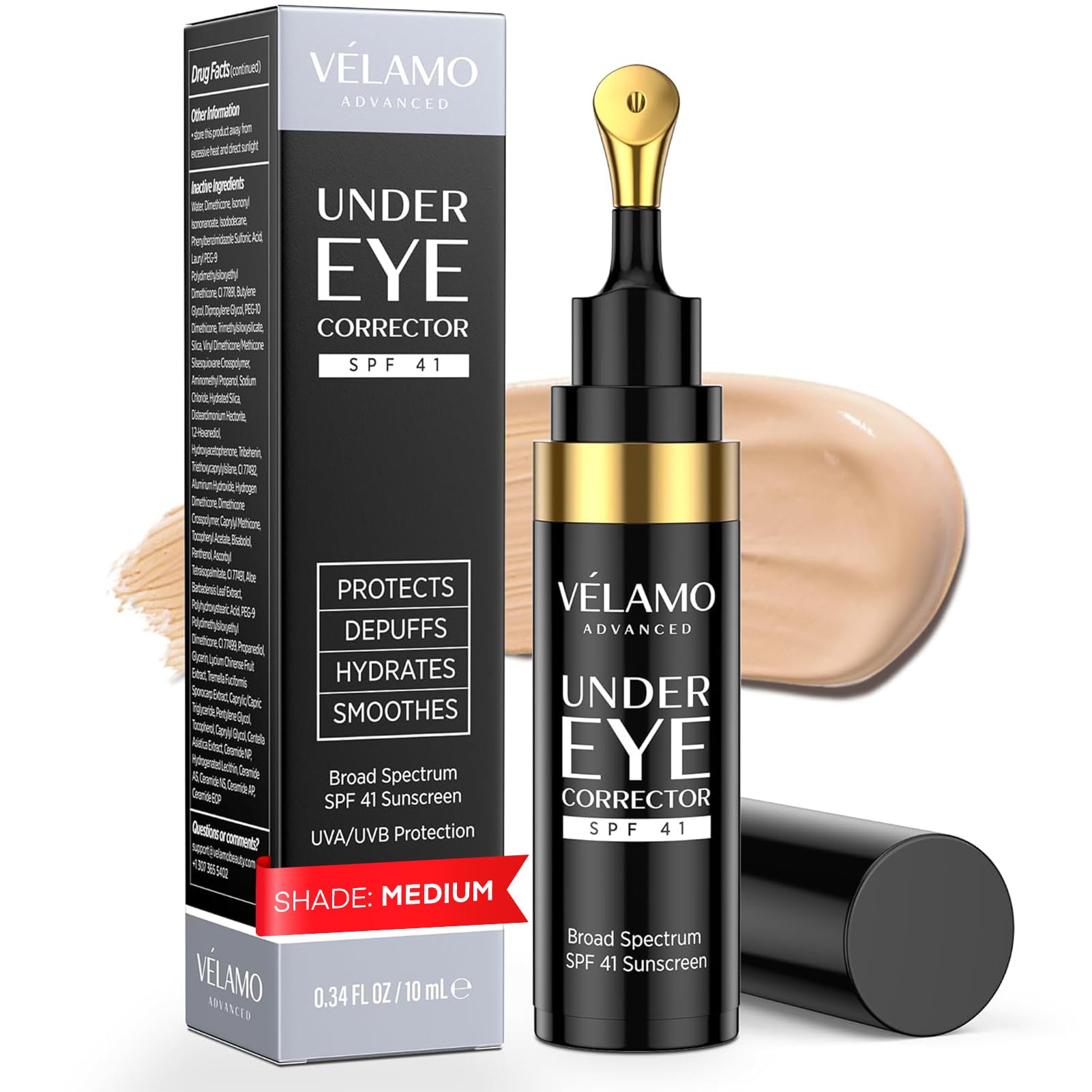 VELAMO ADVANCED Under Eye Corrector SPF 41(Medium): Under Eye Color Corrector for Dark Circles, Fine Lines & Puffiness - Hydrating Anti Aging Eye Cream with Ceramides Complex - 10mL